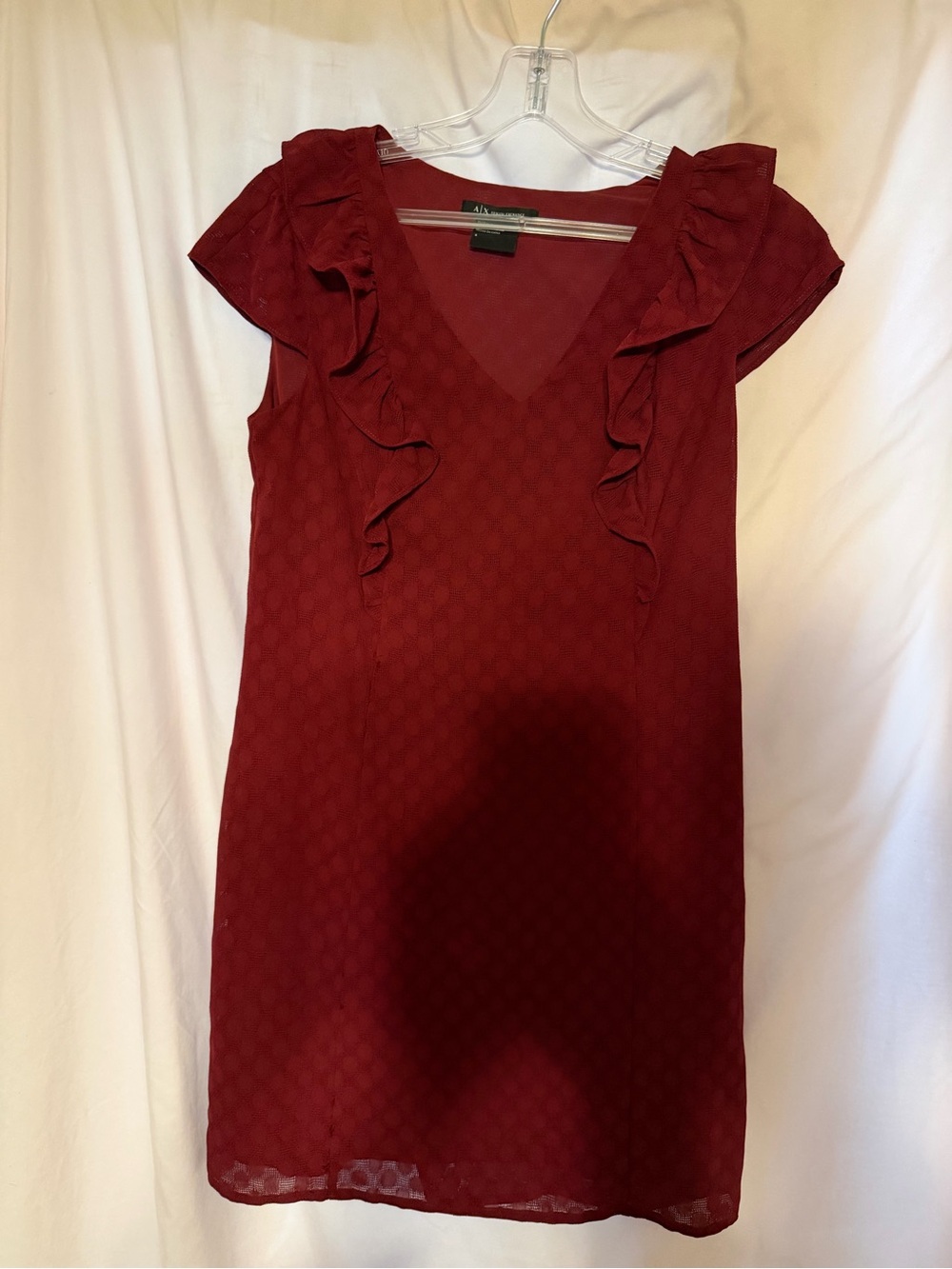 Armani Exchange Burgundy Ruffle V-Neck Mini Dress